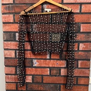 Black Sheer Pearl-Embellished Top